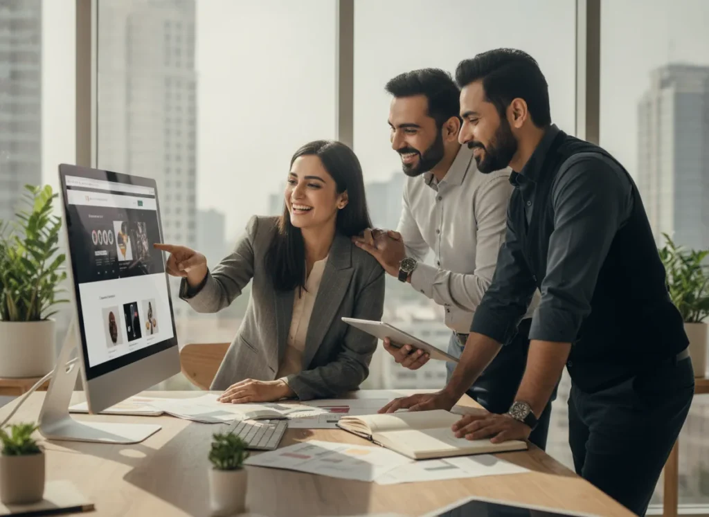 happy Pakistani business owners reviewing an online store